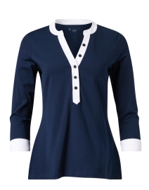 Product image thumbnail - E.L.I. - Navy and White Cotton Poplin Henley Top