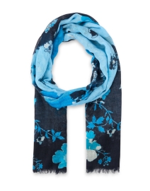Blue and Navy Floral Cashmere Silk Scarf 