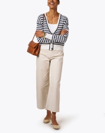Look image thumbnail - White + Warren - White and Navy Striped Cashmere Cardigan