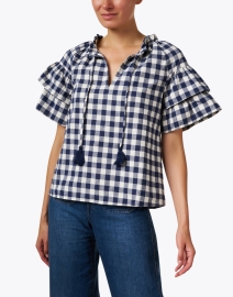 Front image thumbnail - Sail to Sable - Navy Gingham Cotton Blouse