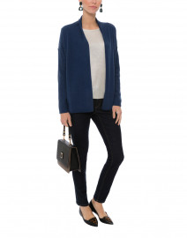 Dark Blue Cashmere Cardigan with Ribbed Sleeves