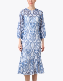 Front image thumbnail - Shoshanna - Adella Ivory and Blue Embroidered Dress