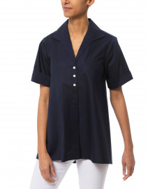 Front image thumbnail - Hinson Wu - Betty Navy Short Sleeve Button Down Stretch Cotton Shirt