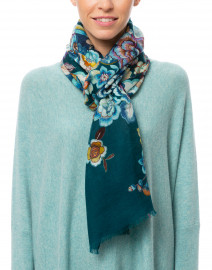 Risiko II Teal Floral Cashmere, Silk, Wool Scarf