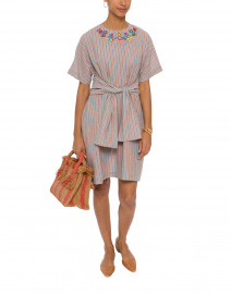 Dana Blue and Pink Striped Embroidered Linen Dress