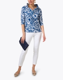 Look image thumbnail - Gretchen Scott - Navy and White Print Ruffle Neck Top