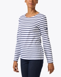 Front image thumbnail - Saint James - Minquidame White and Navy Striped Cotton Top