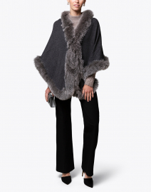 Charcoal Grey Wool Cashmere Fur Trim Wrap