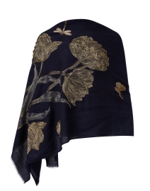 Navy Embroidered Merino Wool Scarf