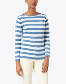Front image thumbnail - Blue - Blue and White Striped Pima Cotton Boatneck Sweater