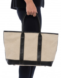 Heloise Black Leather and Light Linen Canvas Tote