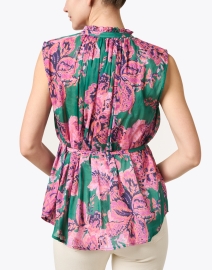 Back image thumbnail - Megan Park - Rosette Green and Pink Print Cotton Silk Blouse
