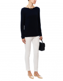 Navy Cashmere Sweater with Pearl Button Cuffs