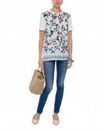 Fondi White and Teal Floral Printed Silk Top
