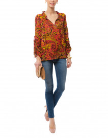 Gia Coral Pink and Yellow Paisley Printed Silk Blouse