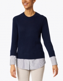 Front image thumbnail - Brochu Walker - Eton Navy Wool Cashmere Sweater with Blue Stripe Underlayer