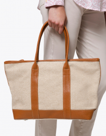 Heloise Brown Leather and Light Linen Canvas Tote