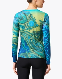 Back image thumbnail - Pashma - Blue and Green Paisley Print Cashmere Silk Sweater