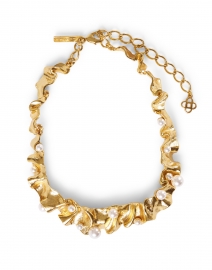 Gold Crinkled Metal and Pearl Necklace 