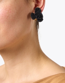 Look image thumbnail - Oscar de la Renta - Black Flower Raffia Clip Earrings