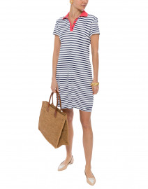 Agen White and Navy Striped Jersey Polo Dress