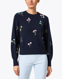 Front image thumbnail - White + Warren - Navy Embroidered Cashmere Sweater