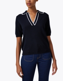 Front image thumbnail - Allude - Navy Wool Cashmere Polo Sweater 