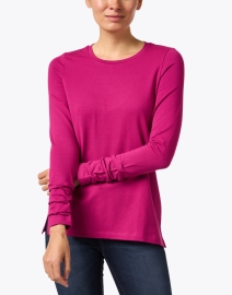 Front image thumbnail - E.L.I. - Magenta Pima Cotton Ruched Sleeve Top