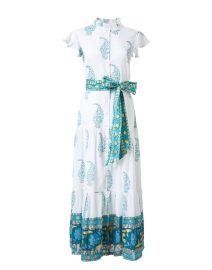 White and Turquoise Print Cotton Shirt Dress