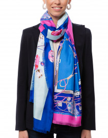 Blue and Pink Floral Saddle Printed Silk Scarf