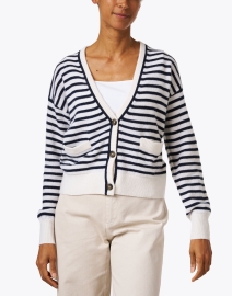 Front image thumbnail - White + Warren - White and Navy Striped Cashmere Cardigan