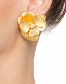 Gold Flower and Crystal Clip Earrings