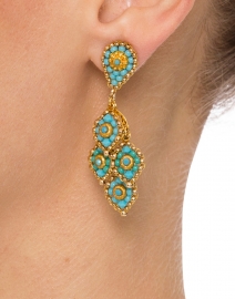 Turquoise and Gold Beaded Chandelier Drop Earrings