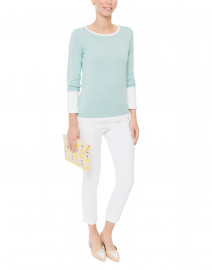 Seafoam and Ivory Cotton Sweater with Button Cuffs