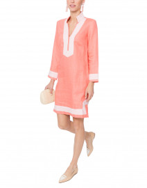 Coral Linen Dress with Pale Pink Cotton Trim