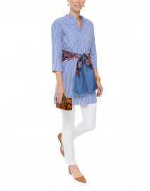 Blue and White Striped Tunic with Printed Silk Sash