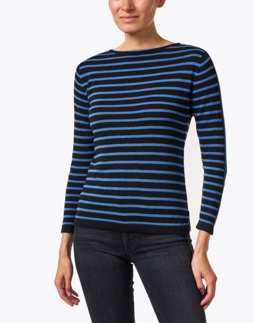Front image - Blue - Black and Blue Striped Pima Cotton Boatneck Sweater