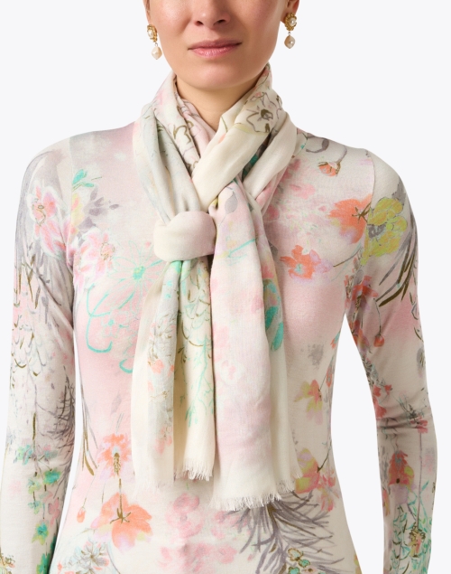 White Floral Print Cashmere Silk Scarf