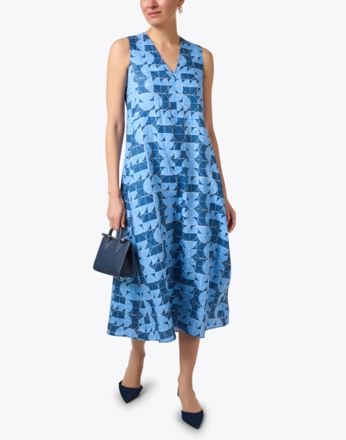 Urlo Blue Geometric Print Linen Dress
