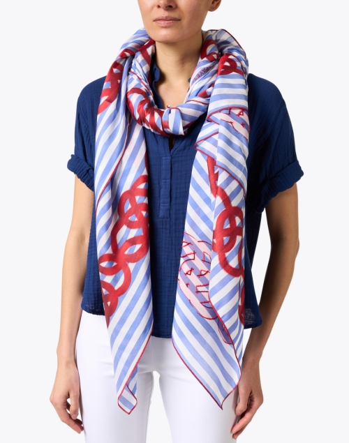 Lapis Blue and Red Link Printed Cotton Silk Scarf