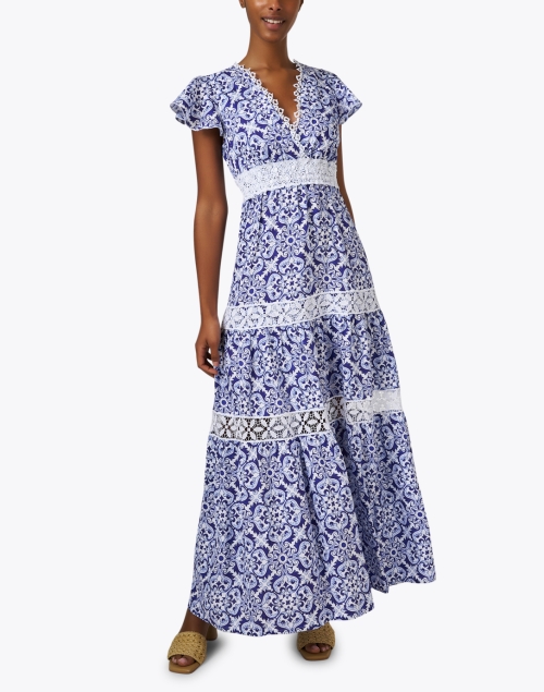Front image - Temptation Positano - Blue Print Linen Maxi Dress