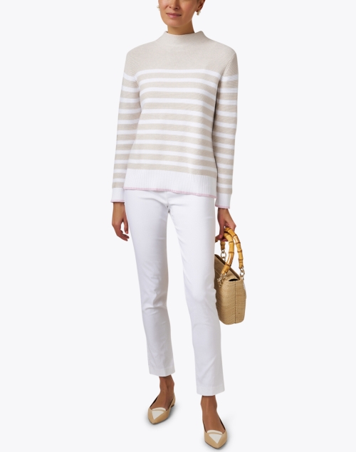 Beige and White Stripe Garter Stitch Cotton Sweater