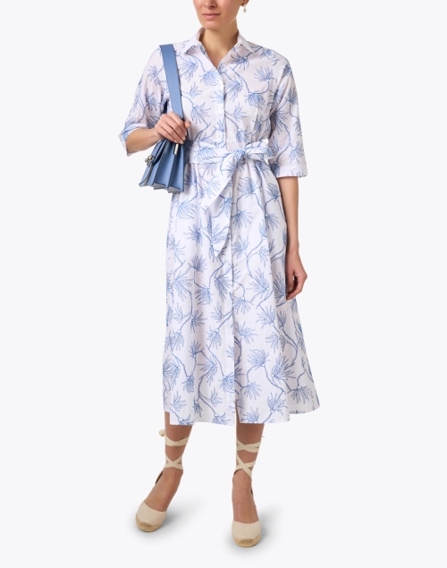 White and Blue Embroidered Shirt Dress
