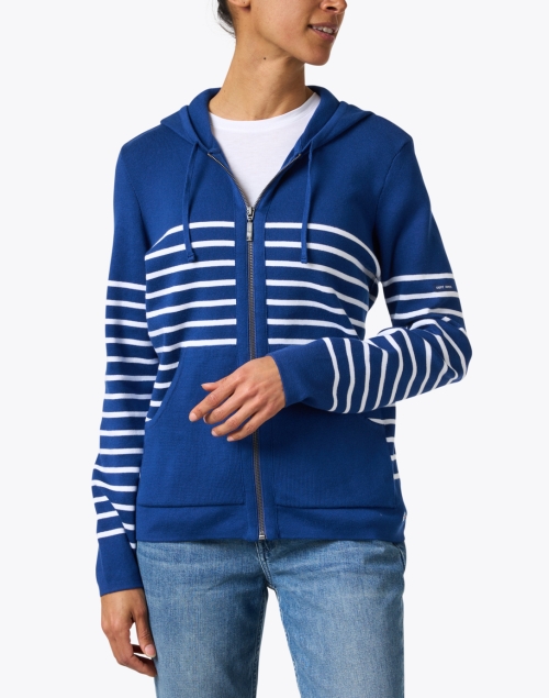 Front image - Saint James - Anafi Blue and White Stripe Zip-Up Sweater