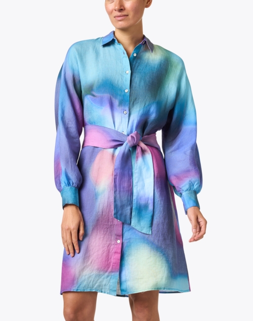 Front image - 120% Lino - Blue Multi Print Linen Shirt Dress