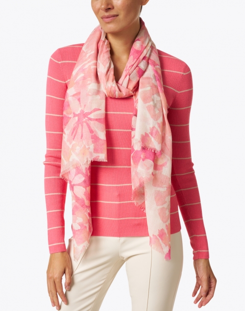 Flamingo Pink Floral Print Silk Cashmere Scarf