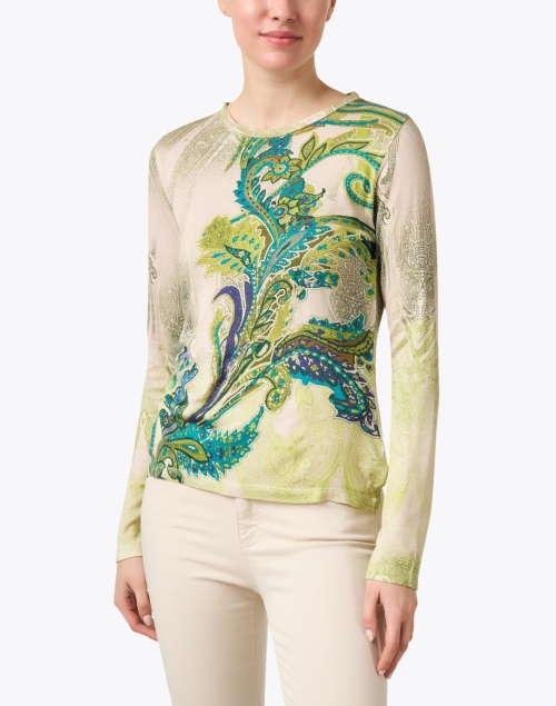 Front image - Pashma - Green Paisley Print Cashmere Silk Sweater
