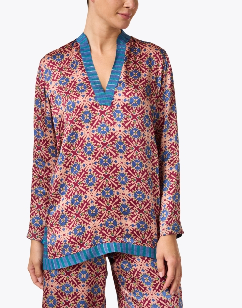 Front image - Lisa Corti - Eli Red and Blue Multi Print Satin Top