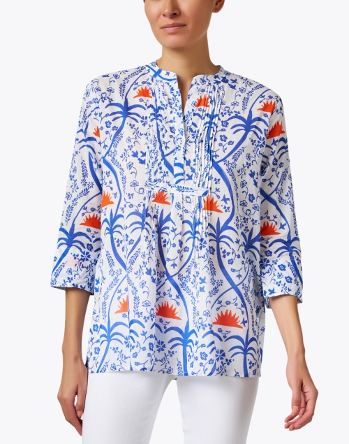 Front image - Ro's Garden - Arles Blue and Orange Print Shirt