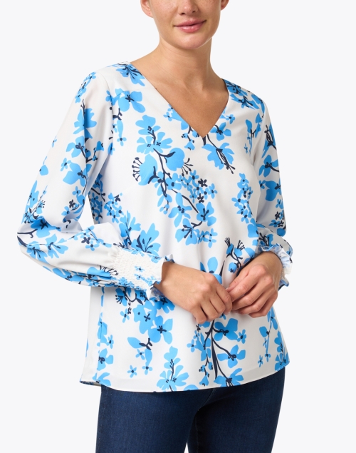 Front image - Sail to Sable - Blue Floral Print Crepe Top